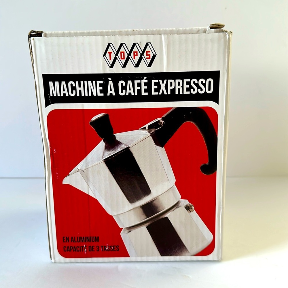 New in Box TOPS Espresso Coffee Maker 3 Cup Capacity Aluminum Instructions Incl